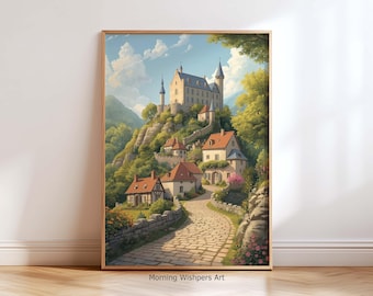 おとぎ話の城山の壁アートプリント、ヨーロッパの村の絵画、絵本の風景ポスター、村のポスター、ヴィンテージの城のアートワーク