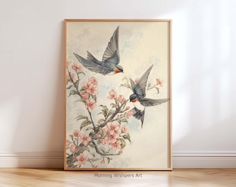 Art mural japonais - impression d'hirondelles et de sakura, illustration d'oiseau vintage, décoration de fleurs de cerisier pour la maison, oeuvre d'art orientale nature