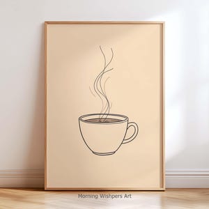 Minimalistisk kaffelinjekonsttryck – Modern väggdekoration för café, enkel konstverk med kaffekopp, neutral kökskonst, affisch med kaffebar