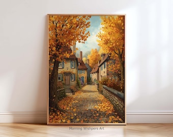 Herbst Straße Dorf Wand Kunst Druck, Goldene Blätter Cottage Kunstwerk, Rustikale Dorf Malerei Dekor Geschenk Wandbehang