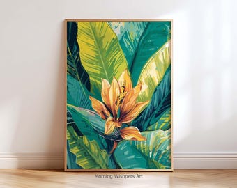 Stampa artistica da parete con foglie di banano tropicale, poster di fiori botanici vivaci, illustrazione di piante della giungla, arredamento per la casa tropicale, opera d'arte verde-arancione