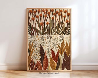 Jesienny botaniczny wydruk ścienny, plakat kwiatowy w stylu mid-century modern, wystrój natury w odcieniach ziemi, ilustracja jesiennych liści, sztuka boho do salonu