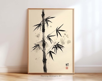 Impressão artística de parede em bambu Sumi-e, pintura japonesa com tinta | Decoração minimalista zen | Arte botânica asiática | Decoração para casa em estilo japonês