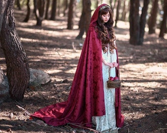 Bridal red cloak burgundy damasc with hood long hooded cape