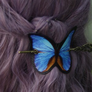 Blue Butterfly Hair Barrette in Vegan Leather blue morpho Autumn whimsical accessory head piece woodland cottagecore image 2