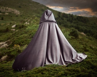 Silver Velvet cape dark grey hooded cloak, medieval elven fantasy costume cape with hood