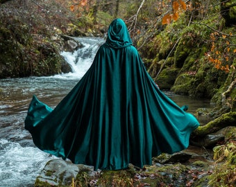 Velvet cape green hooded cloak, medieval elven fantasy costume cape with hood