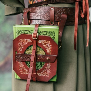 Book Holder - larp leather book bag -  book lover gift - waist book Holster - Book of shadows - spell book - witchcraft gold brown