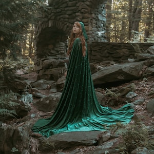 Elven cape Velvet Green hooded Cloak Fairy medieval Fantasy Medieval Burnout velvet