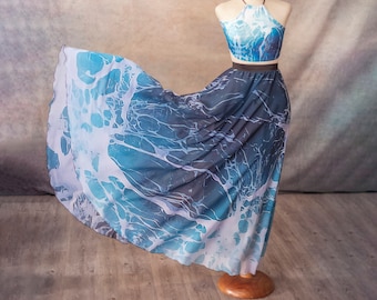 Ocean Waves Maxi Skirt, Mermaidcore Fashion Long Skirt Fairy Fantasy, Blue and white , Sea  costume dance boho summer fashion