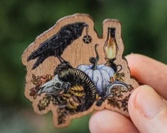 Wood Pin Raven Dark Academia Edgard Alan Poe Halloween Cottagecore Gotic