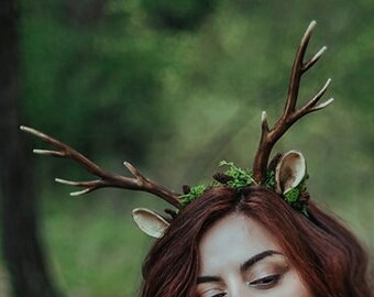 Deer antlers headband horns Costume , lolita mori key , moss crown, nature Crown, faun headpiece,Faux Antler