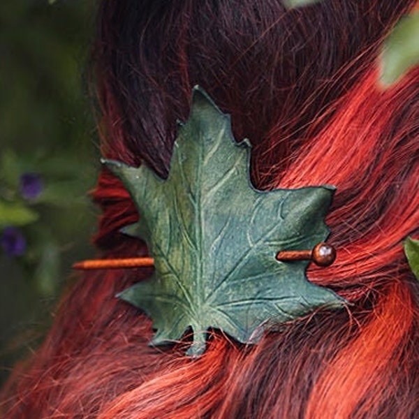 Green Leather Leaf Hair Barrette in Leather Autumn whimsical accessory head piece woodland cottagecore