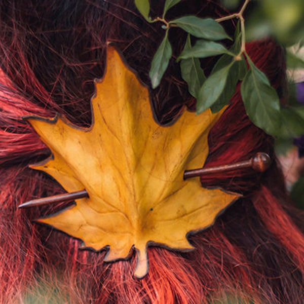 Handmade Leather Leaf Hair Barrette, Autumn Cottagecore Accessory