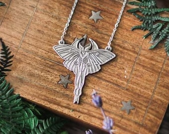 Luna Moth and Moon Necklace Steel and Zamak Pendant Forest Creature jewelry Goblincore  Pendant Real  Jewelry  necklace modern