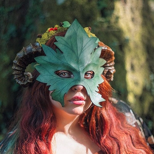 Leather Mask Druid Leaf Maple autumn natural wiccan masquerade  Green Man