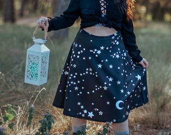 Stars and Moons Skirt in black and white Celestial Witch inspired skater skirt