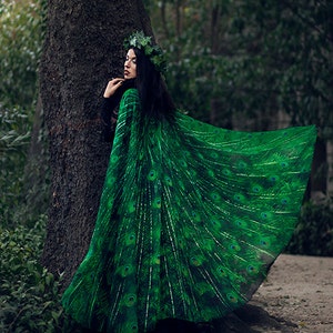 Cape peacock scarf Bohemian clothing cloak feathers print green sarong bird Festival Clothing image 4