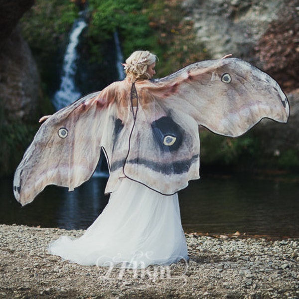 Moth Butterfly Fairy wedding cape cloak brown and cream muslin cotton wings costume adult bridal fantasy handfasting