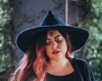 Chapeau de sorcière sorcier magique petit - sorcier Laine noire Grand chapeau pointu en feutre witchy wicca dark academia