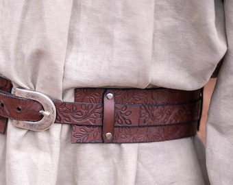 Elf leather belt with leaves in brown, LARP druid elven bet adjustable corset belt leather