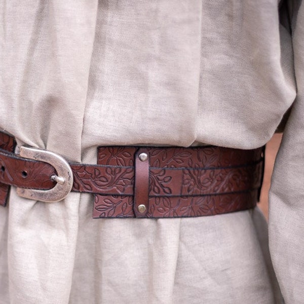 Elf leather belt with leaves in brown, LARP druid elven bet adjustable corset belt leather