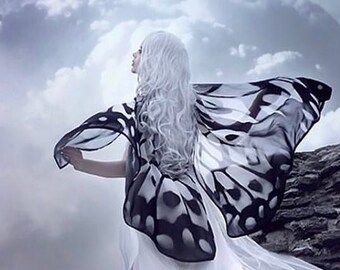 Black and White Butterfly Fantasy cape monarch vegan silk chiffon cloak dance wings costume short small bride wedding gothic lolita