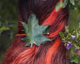 Barrette de pelo de hoja de cuero verde en cuero Otoño accesorio caprichoso pieza de cabeza bosque cottagecore