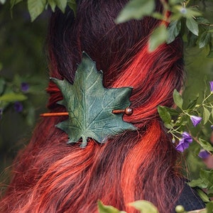 Green Leather Leaf Hair Barrette in Leather Autumn whimsical accessory head piece woodland cottagecore