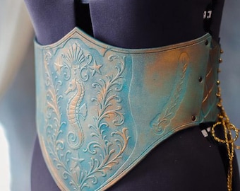 Mermaid Armor Belt - Copper and blue Leather Corset Mevieval , Sirencore Knight Mermaidcore Whimsigoth Renaissance Lacing, Bridgerton Gold