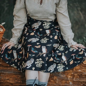 Mushrooms and Owls Skirt in black and brown Cottage Witch inspired skater skirt