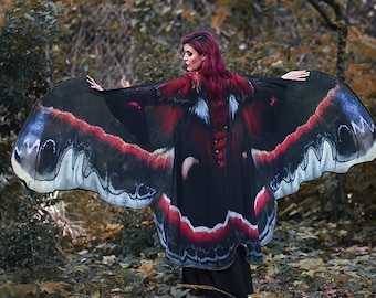 Moth wings butterfly cape fairy cloak red and black costume adult bridal fairy handfasting