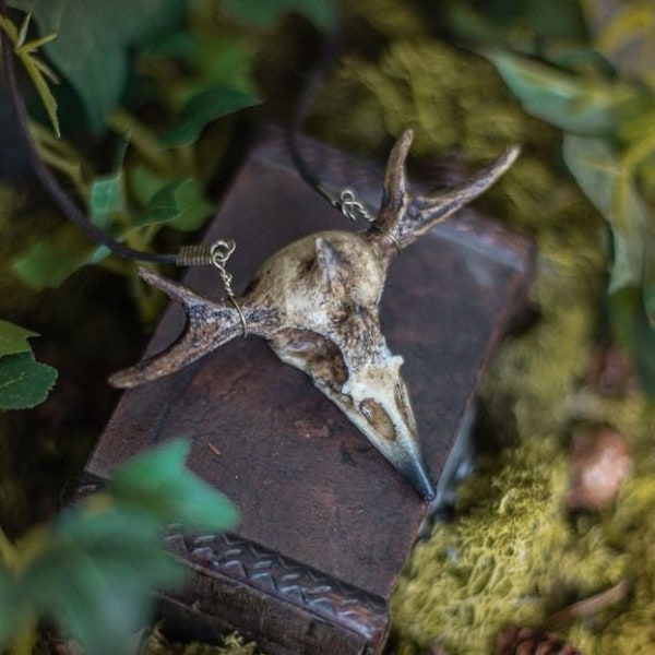 Raven Skull  Necklace Witchcraft with Horns  Fake Taxidermy vegan resin witch pendant