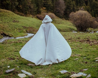 White vegan wool cloth Cape Hooded Cloak Riding Hood cloak with train very long