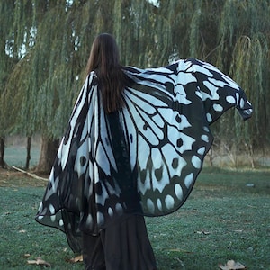 Butterfly wings cape, fairycore costume, shawl chiffon nymph black and white butterfly