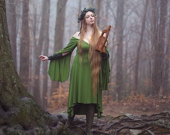 Elven dress , Elvish clothing , Forestcore green elastic dress adjustable