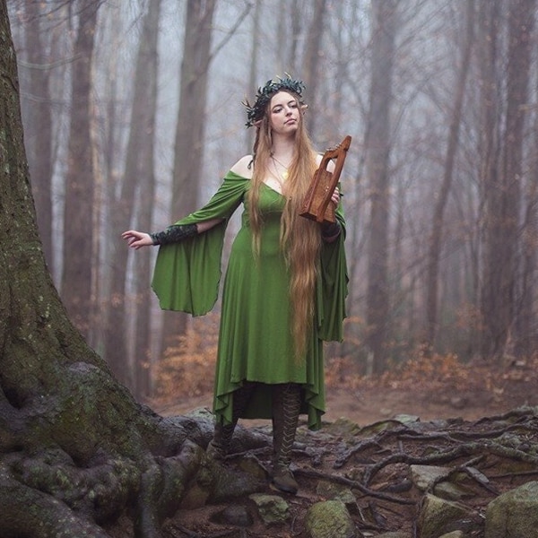 Elven dress , Elvish clothing , Forestcore green elastic dress adjustable