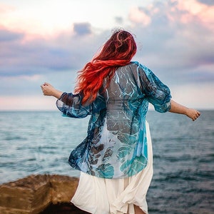 Kimono Robe chiffon Blue Ocean Waves Mermaidcore Cardigan Beach cover up Bohemian festival Oversized kimono Summer boho jacket clothing