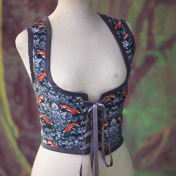 Fox bodice, William Morris style Renaissance corset flowers cottagecore style  corset vest, Wench regency steampunk