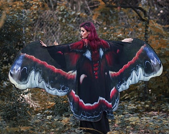 Moth wings butterfly cape fairy cloak red and black costume adult bridal fairy handfasting