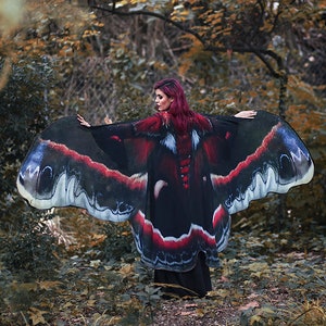 Moth wings butterfly cape fairy cloak red and black costume adult bridal fairy handfasting