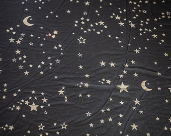 Moon and Stars Fabric - Chiffon Blue and black horoscope fabric - gauze translucent elegant