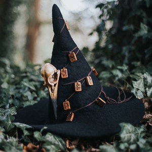Witch hat wizard magic hat with Raven Skull and Runes - wizard Black wool Felt tall pointed hat witchy wicca dark academia