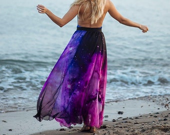 Galaxy Nebula Maxi Skirt, Celestial Constellation Fashion Long Skirt Fairy Fantasy, Pink, Black, stars, costume dance boho summer fashion