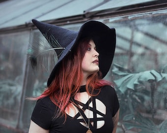 Witch hat wizard magic hat wizard Black wool Felt tall pointed hat witchy wicca dark academia