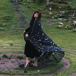 Black Stars & Moon cloak in vegan silk chiffon Celestial Fashion polyester cape with hood dark fantasy witch wizard costume back to black image 6