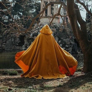 Yellow cloak Vegan Wool Druid Cape Hooded Cloak Elven Costume cloth Hood cloak with train very long the forest