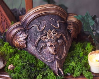 Elven corbel for wall decoration Shelf Candle Holder wooden Elvish Medieval Gold Resin bookend vintage greenman decoration