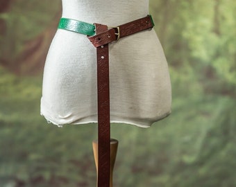 Elf leather belt with leaves in brown and green , LARP druid elven bet adjustable corset belt leather