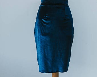 Pencil skirt blue velvet vintage midi adjustable long skirt